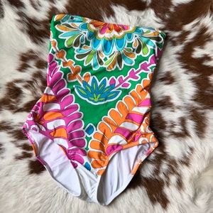 Colorful one piece Trina Turk swimsuit.